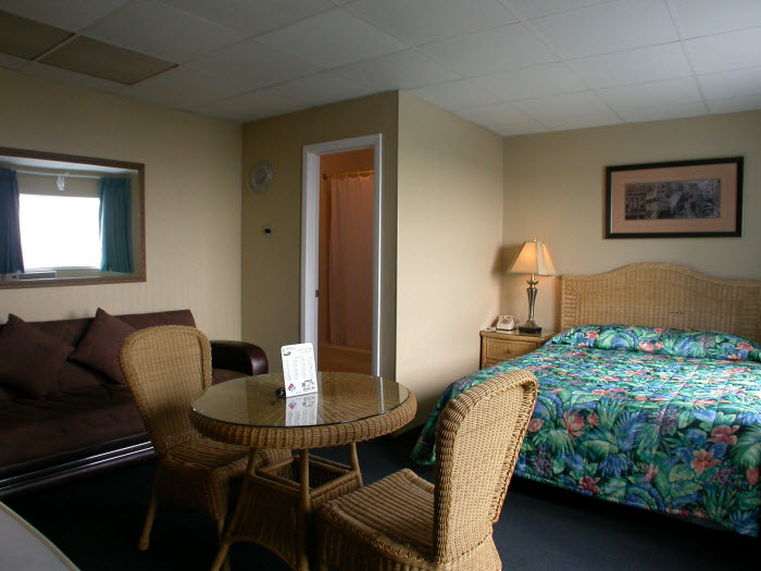 A hotel room with a bed, sofa, table, and chairs.